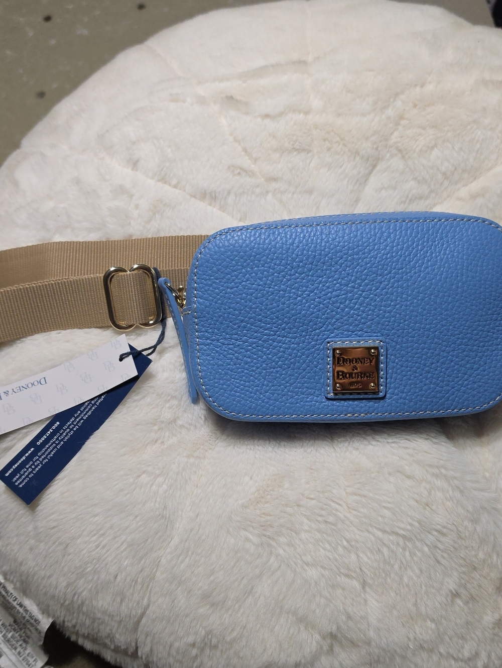 Dooney & Bourke Sky Blue Pebble Leather Crossbody Belt Bag with Tan Strap